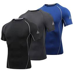 AMZSPORT Herren Kompressionsshirt Kurzarm T-Shirts Schnell Trocknend Gym Laufen Funktionsunterwäsche, 3er Pack, Schwarz, Grau, Blau L von AMZSPORT