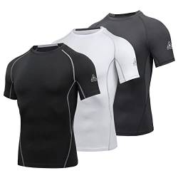 AMZSPORT Herren Kompressionsshirt Kurzarm T-Shirts Schnell Trocknend Gym Laufen Funktionsunterwäsche, 3er Pack, Schwarz, Weiß, Grau L von AMZSPORT