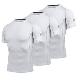 AMZSPORT Herren Kompressionsshirt Kurzarm T-Shirts Schnell Trocknend Gym Laufen Funktionsunterwäsche, 3er Pack, Weiß L von AMZSPORT