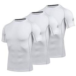 AMZSPORT Herren Kompressionsshirt Kurzarm T-Shirts Schnell Trocknend Gym Laufen Funktionsunterwäsche, 3er Pack, Weiß S von AMZSPORT