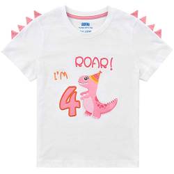 4. Geburtstag Mädchen T Shirt - Dinosaurier T-Shirt Kurzarm Geschenk 100% Baumwolle Weiß Rundhals-Ausschnitt T-Rex Gedruckt Stickerei Sommer Top Bekleidung von AMZTM