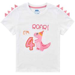 Dinosaurier Geburtstag T Shirt - 4. Baby Mädchen T-Shirt Kurzarm Geschenk 100% Baumwolle Weiß Rundhals-Ausschnitt T-Rex Gedruckt Stickerei Sommer Top Bekleidung von AMZTM