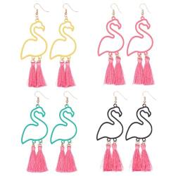 ANATTASOUL 4 Paar Baumelnde Ohrringe Mit Flamingo-Quaste Für Damen, Boho-Flamingo-Form-Schmuck, Rosa, Grün, Gelb, Schwarz, Niedliche Tier-Vogel-Form, Lange Baumelnde Ohrringe, Retro, Trendig von ANATTASOUL