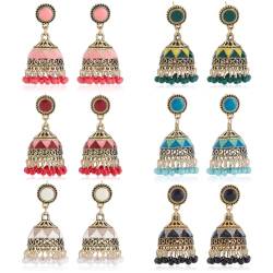 ANATTASOUL 6 Paar Indische Ohrringe Vintage Ohrringe Für Frauen Boho Vergoldeter Mehrfarbiger Glöckchen-Ohrring Mit Kunstperle Und Quaste, Baumelnder Gypsy-Bollywood-Statement-Ohrring von ANATTASOUL