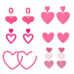 ANATTASOUL 6 Paar Rosafarbene Herz-Creolen-Ohrringe Für Frauen, Herz-Liebe, Geometrische Retro-Ohrringe, Acryl-Doppelherz-Förmige Ohrringe, Herz-Statement-Ohrring Für Geburtstag, Schmuck, Geschenke von ANATTASOUL