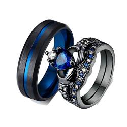 ANAZOZ 2 Stück Eheringe Paarpreis Edelstahl Vergoldet 6mm Breit Gebürstet Krone Solitär Diamantring Blau Claddah Ring E Ringe für Paar Schwarz Ring Cam Frau:62 (19.7) & Mann:62 (19.7) von ANAZOZ