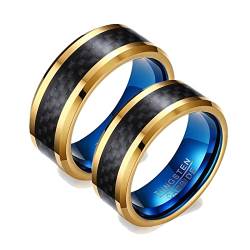 ANAZOZ 2 Stück Eheringe Paarpreis Wolfram 8mm Kohlefaser Bicolor Poliert Ringe Herren Damen Verliebte Ringe Partnerringe Paar Gold Blau mit Kostenlos Gravur Frau:57 (18.1) & Mann:62 (19.7) von ANAZOZ