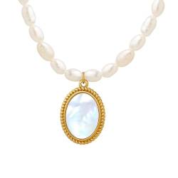ANAZOZ Halsketten Damen Perlen, Choker Halskette Elegant Verstellbar 38+7cm Perlenkette mit Ovalem Muschelanhänger von ANAZOZ