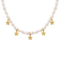 ANAZOZ Perlen Kette Frauen, Choker Halskette Elegant Verstellbar 38+8cm Perlenkette mit Sternen von ANAZOZ