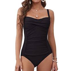 Badeanzug Damen One Piece Ruched Bauchweg Badeanzüge Wrap Solide Bikini mit Verstellbare Träger (Color : Black, Size : L) von ANBDWQAZ