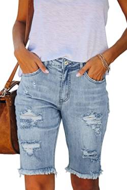 ANCAPELION Bermuda Shorts Damen,High Waist Skinny Zerrissene Rohem Saum Klassische Bermuda Denim Shorts,A-Denim Blau L von ANCAPELION