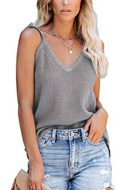 ANCAPELION Damen Cami Tank Top Sommer V-Ausschnitt Stricken Weste Ärmellose Shirt Elegant Oberteile Grau XXL von ANCAPELION