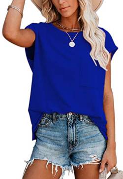 ANCAPELION Damen Casual T-Shirt Kurzarm Sommer Tops Lose Oberteile Rundhals Basic Bluse mit Tasche Einfarbig Blau M von ANCAPELION