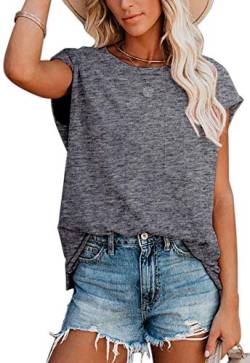 ANCAPELION Damen Casual T-Shirt Kurzarm Sommer Tops Lose Oberteile Rundhals Basic Bluse mit Tasche Einfarbig Grau M von ANCAPELION