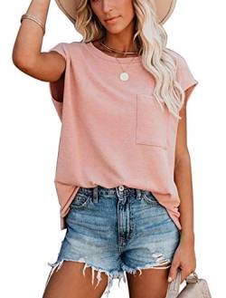 ANCAPELION Damen Casual T-Shirt Kurzarm Sommer Tops Lose Oberteile Rundhals Basic Bluse mit Tasche Einfarbig Rosa S von ANCAPELION