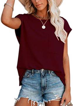 ANCAPELION Damen Casual T-Shirt Kurzarm Sommer Tops Lose Oberteile Rundhals Basic Bluse mit Tasche Einfarbig Rot XL von ANCAPELION