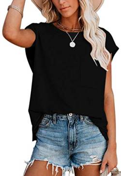 ANCAPELION Damen Casual T-Shirt Kurzarm Sommer Tops Lose Oberteile Rundhals Basic Bluse mit Tasche Einfarbig Schwarz L von ANCAPELION