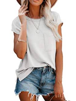 ANCAPELION Damen Casual T-Shirt Kurzarm Sommer Tops Lose Oberteile Rundhals Basic Bluse mit Tasche Einfarbig Weiß L von ANCAPELION