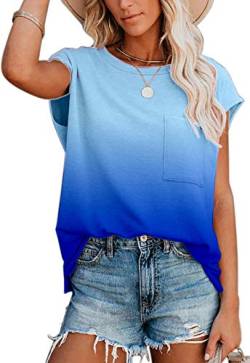 ANCAPELION Damen Casual T-Shirt Kurzarm Sommer Tops Lose Oberteile Rundhals Basic Bluse mit Tasche Farbverlauf Blau, XL von ANCAPELION