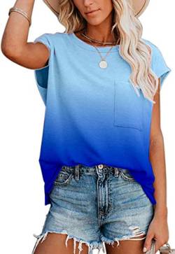 ANCAPELION Damen Casual T-Shirt Kurzarm Sommer Tops Lose Oberteile Rundhals Basic Bluse mit Tasche Farbverlauf Blau, XXL von ANCAPELION