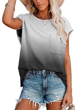 ANCAPELION Damen Casual T-Shirt Kurzarm Sommer Tops Lose Oberteile Rundhals Basic Bluse mit Tasche Farbverlauf Grau, L von ANCAPELION