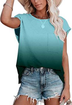 ANCAPELION Damen Casual T-Shirt Kurzarm Sommer Tops Lose Oberteile Rundhals Basic Bluse mit Tasche Gradient Grün L von ANCAPELION