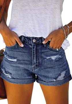 ANCAPELION Damen Denim Shorts Mittlere Taille Crimpen Hotpants Ripped Jeansshorts für Sommer,C-305 Blau L von ANCAPELION