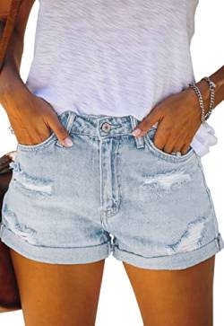 ANCAPELION Damen Denim Shorts Mittlere Taille Crimpen Hotpants Ripped Jeansshorts für Sommer C-Blassblau XXL von ANCAPELION