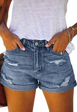 ANCAPELION Damen Denim Shorts Mittlere Taille Crimpen Hotpants Ripped Jeansshorts für Sommer C-Dunkelblau XL von ANCAPELION