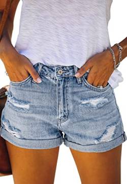 ANCAPELION Damen Denim Shorts Mittlere Taille Crimpen Hotpants Ripped Jeansshorts für Sommer C-Hellblau M von ANCAPELION