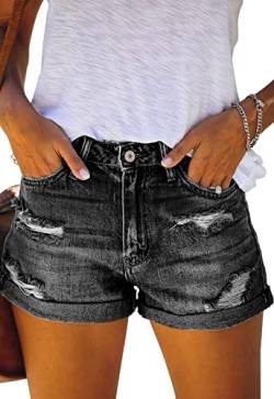 ANCAPELION Damen Denim Shorts Mittlere Taille Crimpen Hotpants Ripped Jeansshorts für Sommer C-Schwarz XXL von ANCAPELION