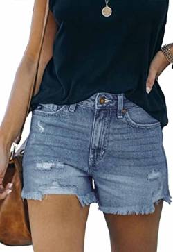 ANCAPELION Damen Denim Shorts Ripped Jeansshorts Mittlere Taille Ausgefranster Saum Hotpants Used-Look Shorts für Sommer A-Dunkelblau L von ANCAPELION