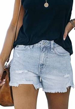 ANCAPELION Damen Denim Shorts Ripped Jeansshorts Mittlere Taille Ausgefranster Saum Hotpants Used-Look Shorts für Sommer A-Hellblau M von ANCAPELION