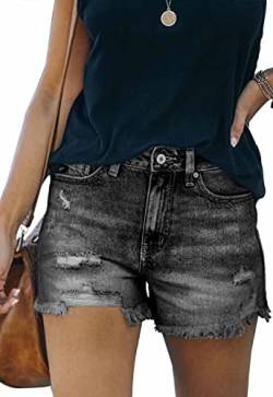 ANCAPELION Damen Denim Shorts Ripped Jeansshorts Mittlere Taille Ausgefranster Saum Hotpants Used-Look Shorts für Sommer A-Schwarz XXL von ANCAPELION