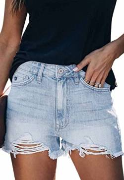 ANCAPELION Damen Denim Shorts Ripped Jeansshorts Mittlere Taille Ausgefranster Saum Hotpants Used-Look Shorts für Sommer B-Hellblau XXL von ANCAPELION