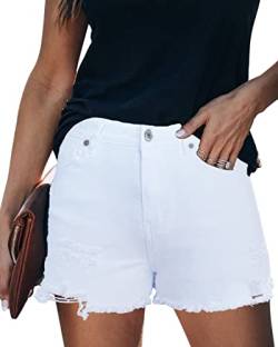 ANCAPELION Damen Denim Shorts Ripped Jeansshorts Mittlere Taille Ausgefranster Saum Hotpants Used-Look Shorts für Sommer B-Weiß S von ANCAPELION