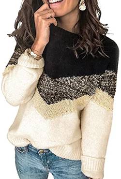 ANCAPELION Damen Grobstrick Pullover Casual Stricken Sweater Lange Ärmel Pulli Farbblock Sweatshirt Elegant Jumper Rundhals Lose Oberteile Herbst Winter Outwear C-Weiß XXL von ANCAPELION