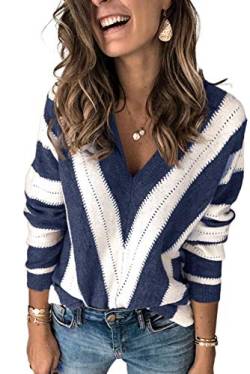 ANCAPELION Damen Grobstrick Pullover Casual Stricken Sweater Lange Ärmel Pulli Farbblock Sweatshirt Elegant Jumper Rundhals Lose Oberteile Herbst Winter Outwear D-Blau S von ANCAPELION