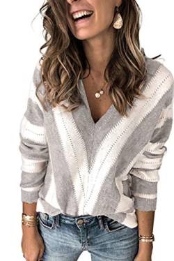 ANCAPELION Damen Grobstrick Pullover Casual Stricken Sweater Lange Ärmel Pulli Farbblock Sweatshirt Elegant Jumper Rundhals Lose Oberteile Herbst Winter Outwear D-Grün L von ANCAPELION