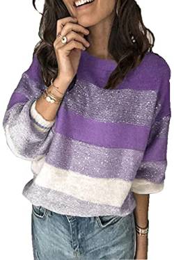 ANCAPELION Damen Grobstrick Pullover Casual Stricken Sweater Lange Ärmel Pulli Farbblock Sweatshirt Elegant Jumper Rundhals Lose Oberteile Herbst Winter Outwear Violett XL von ANCAPELION