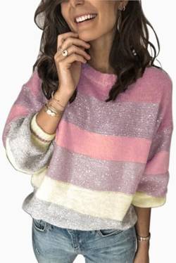 ANCAPELION Damen Grobstrick Pullover Casual Stricken Sweater Lange Ärmel Pulli Farbblock Sweatshirt Elegant Jumper Rundhals Lose Oberteile Herbst Winter Outwear für Frauen,B-Rose,XXL von ANCAPELION