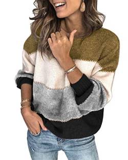 ANCAPELION Damen Grobstrick Pullover Casual Stricken Sweater Lange Ärmel Pulli Farbblock Sweatshirt Elegant Jumper Rundhals Lose Oberteile Herbst Winter Outwear für Frauen (A-Grau, M) von ANCAPELION