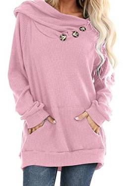 ANCAPELION Damen Hoodie Gestrickt Pulli Pullover Langarm Oberteile Einfarbig Sweater Tunika Top mit Knopf Tasche (Rosa, L) von ANCAPELION