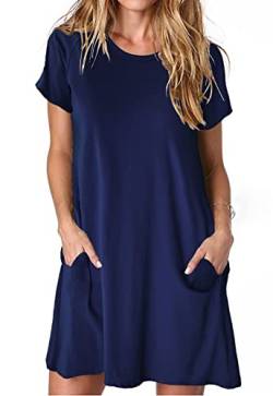 ANCAPELION Damen Kurzarm T-Shirt Kleid Freizeitkleid A-Linie Minikleid Kurz Sommerkleid Lose Tunika Rundhals Langes Shirt Blau L von ANCAPELION