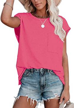 ANCAPELION Damen Kurzarm T-Shirt Sommer Casual Tops Lose Oberteile Rundhals Basic Bluse mit Tasche Pink L von ANCAPELION