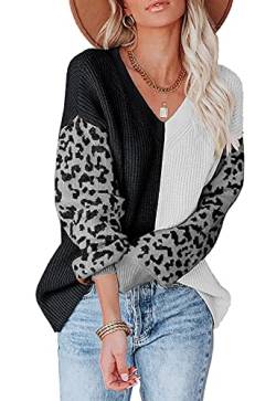ANCAPELION Damen Pullover Casual Stricken Sweater Leopard Lange Ärmel Pulli Winter Sweatshirt Herbst Jumper Oberteile Outwear für Frauen (Schwarz-Weiß, S) von ANCAPELION