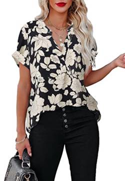 ANCAPELION Damen Sommer Bluse Fashion Tuniken Hemd Kurzarm Shirt Casual Oberteile Lose Fit Top V-Ausschnitt Tunika für Frauen,A-Schwarz-Beige Blume,L von ANCAPELION