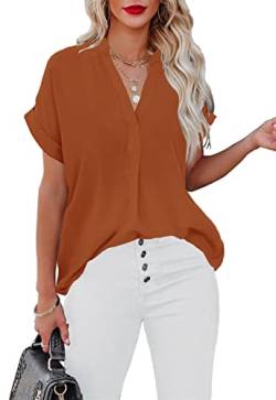 ANCAPELION Damen Sommer Bluse Fashion Tuniken Hemd Kurzarm Shirt Casual Oberteile Lose Fit Top V-Ausschnitt Tunika für Frauen,Einfarbig Orange M von ANCAPELION
