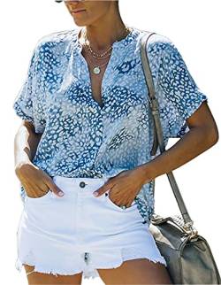 ANCAPELION Damen Sommer Bluse Fashion Tuniken Hemd Kurzarm Shirt Casual Oberteile Lose Fit Top V-Ausschnitt Tunika für Frauen Blau Leopard S von ANCAPELION