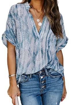 ANCAPELION Damen Sommer Bluse Fashion Tuniken Hemd Kurzarm Shirt Casual Oberteile Lose Fit Top V-Ausschnitt Tunika für Frauen Blau S von ANCAPELION
